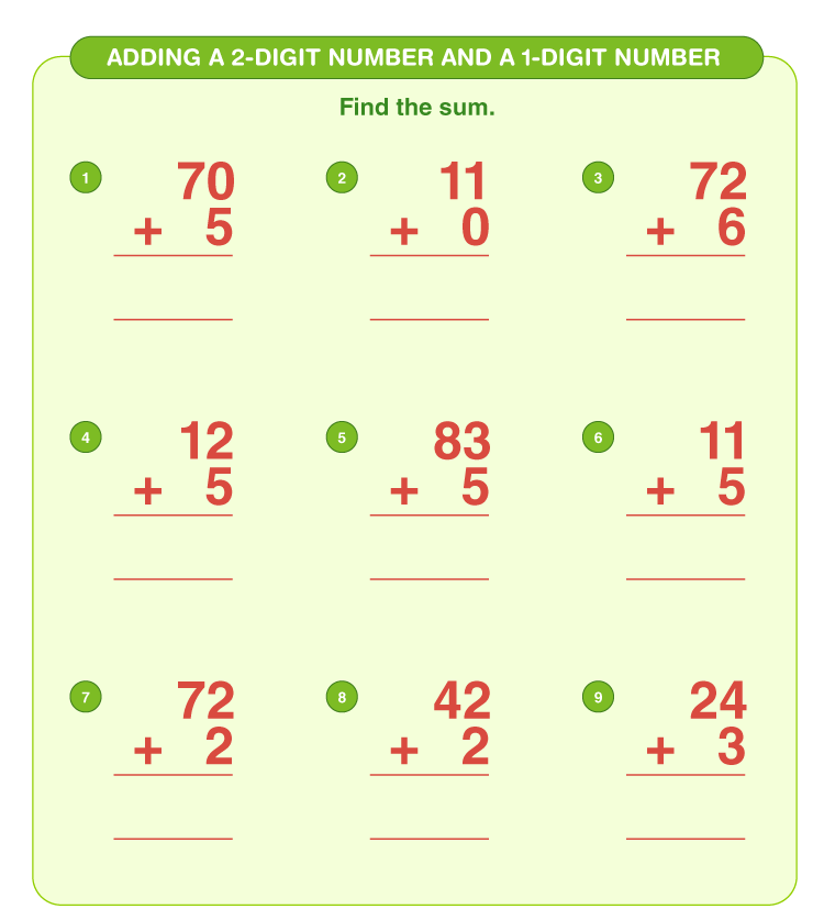 Add the double digit numbers on worksheet:  2 digit addition worksheets for kids