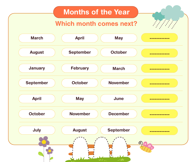 Fill the missing months on the year worksheet: Printable months of the year for kids