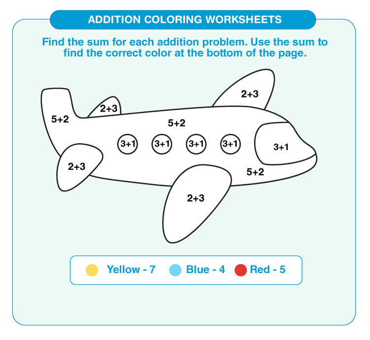 Add the numbers to color the airplane: Addition coloring worksheets