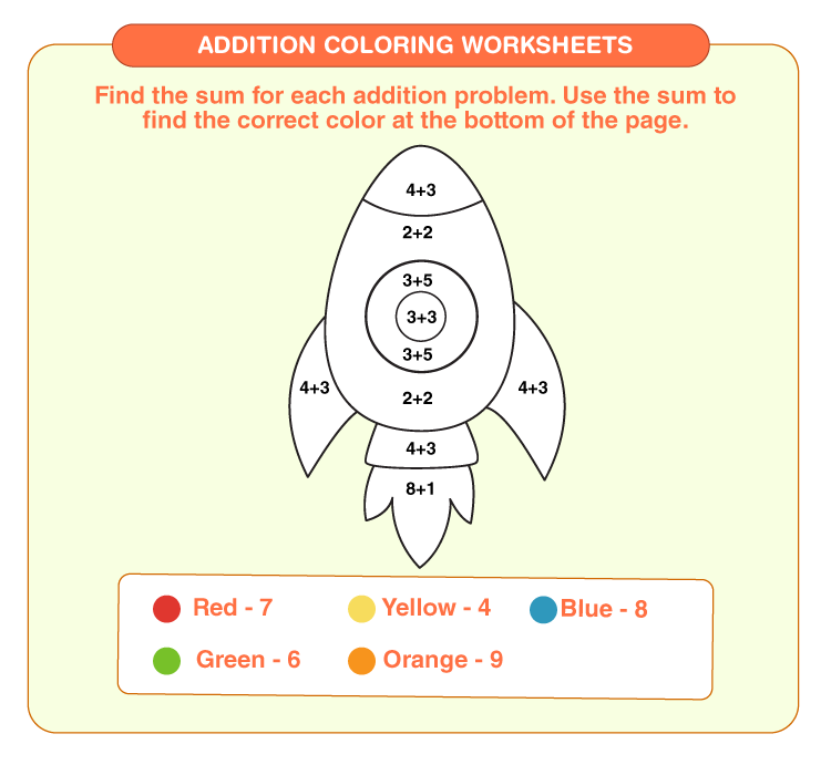 Add the numbers to color the rocket: Free addition coloring worksheets for kids 