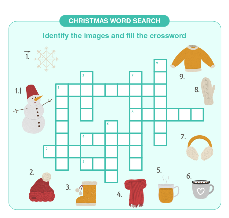 Fill the words related Christmas: Free printable Christmas crossword puzzles for kids