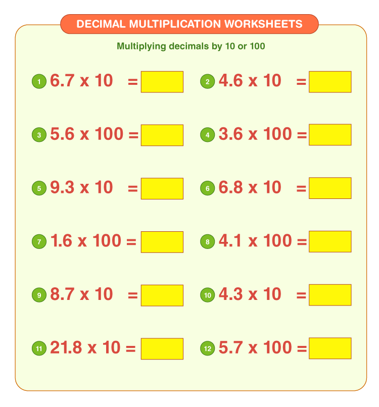 Multiply decimals with 10 or 100: Free  worksheets for decimal multiplication 