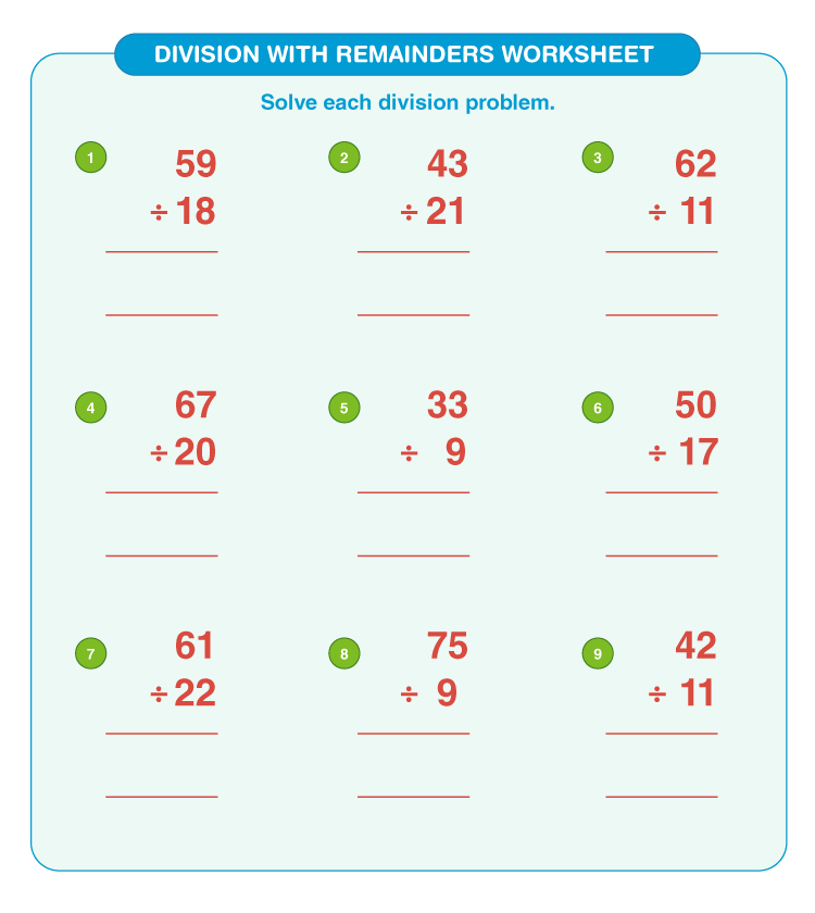 Solve double digit division problems: Worksheets for division with remainders