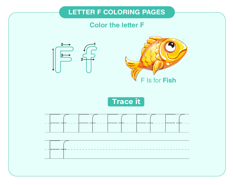 Color the fish: Letter F coloring printables for kids 