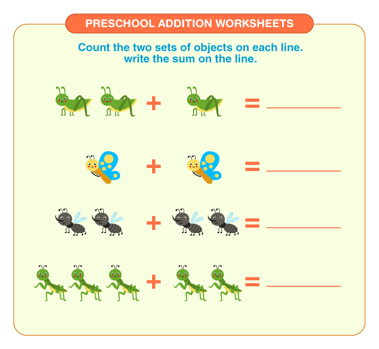 Add the number of objects: Preschool addition worksheets for kids