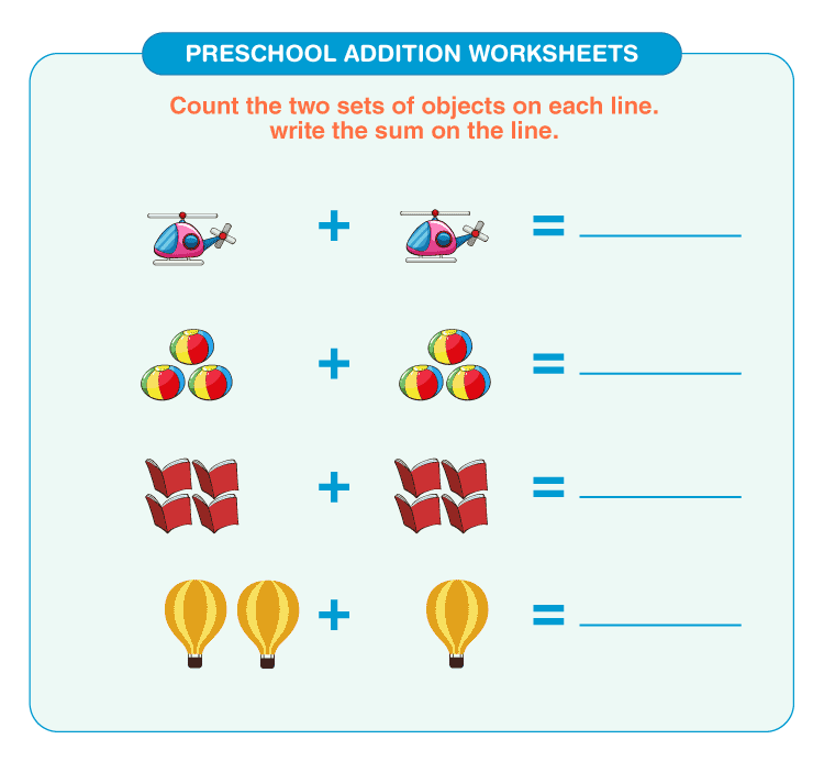 Count and write the number of objects: Free preschool addition worksheets