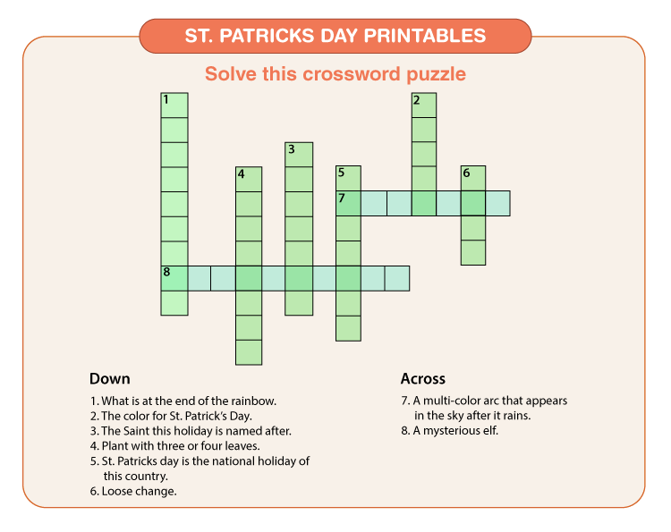 Solve the Crossword Puzzle for kids: Free Printables of St. Patrick's Day 