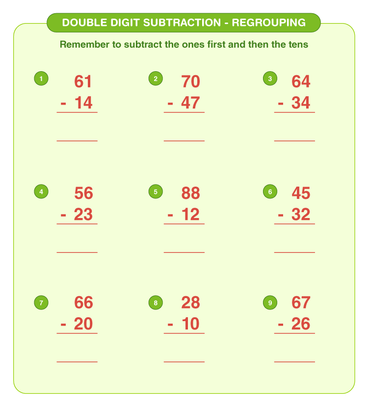 Subtract the numbers on the worksheet: Free printable double digit subtraction 