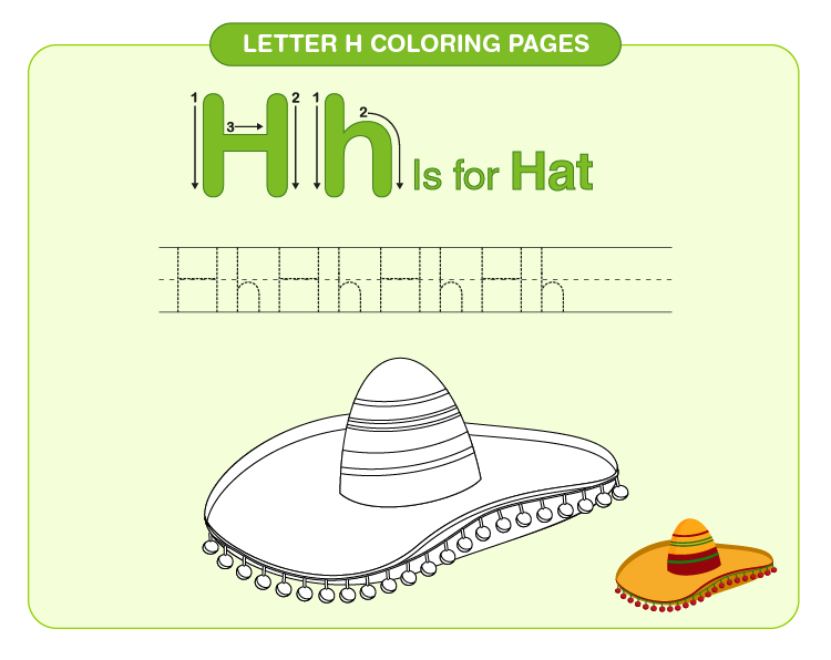 Practice letter H and color the hat: Free printable letter H worksheets 