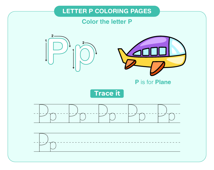 Color the plane: Printable letter P coloring pages for kids