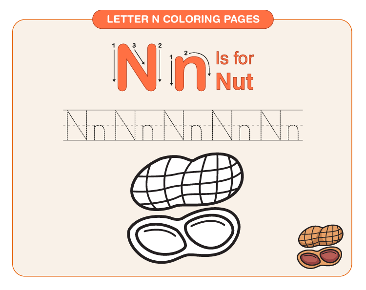 Color the nut: Printable letter N coloring pages for kids