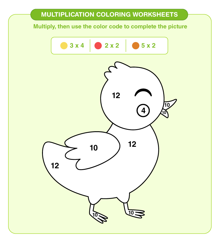 Multiply the number and color the duck: Free printable multiplication coloring worksheet