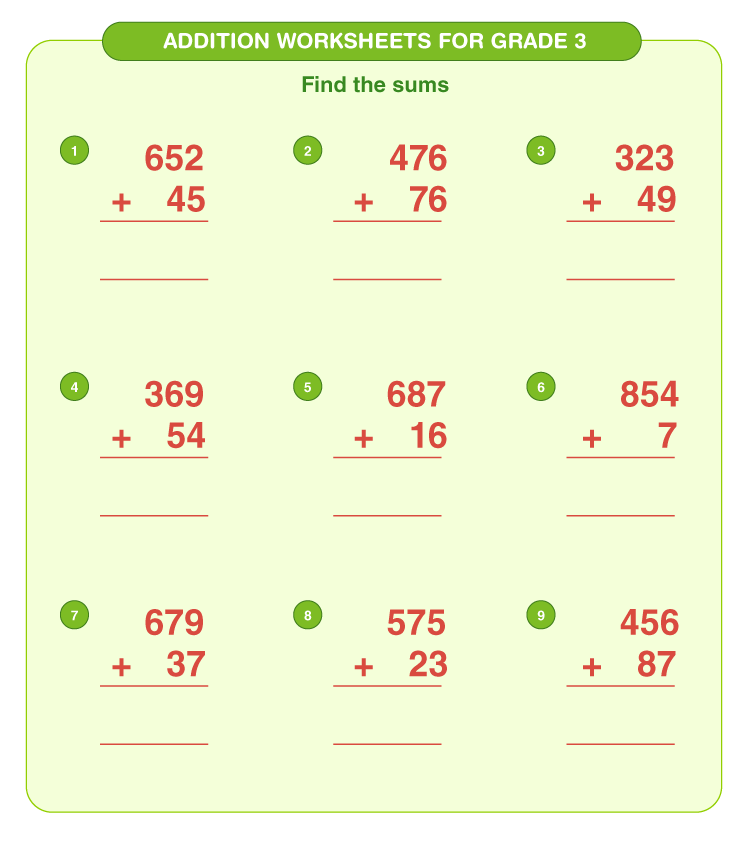 Add 3 digit numbers: Third grade addition worksheets for kids