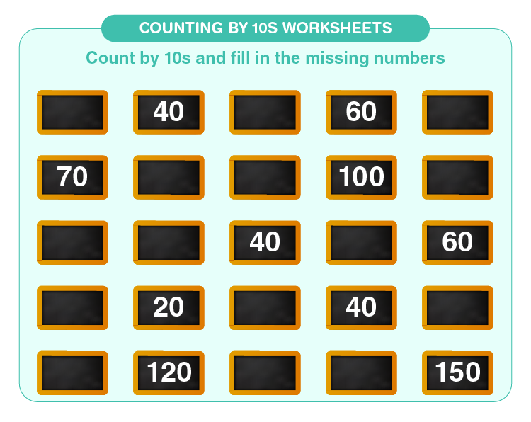 Fill in the missing blocks: Skip counting by 10s worksheets for kids 