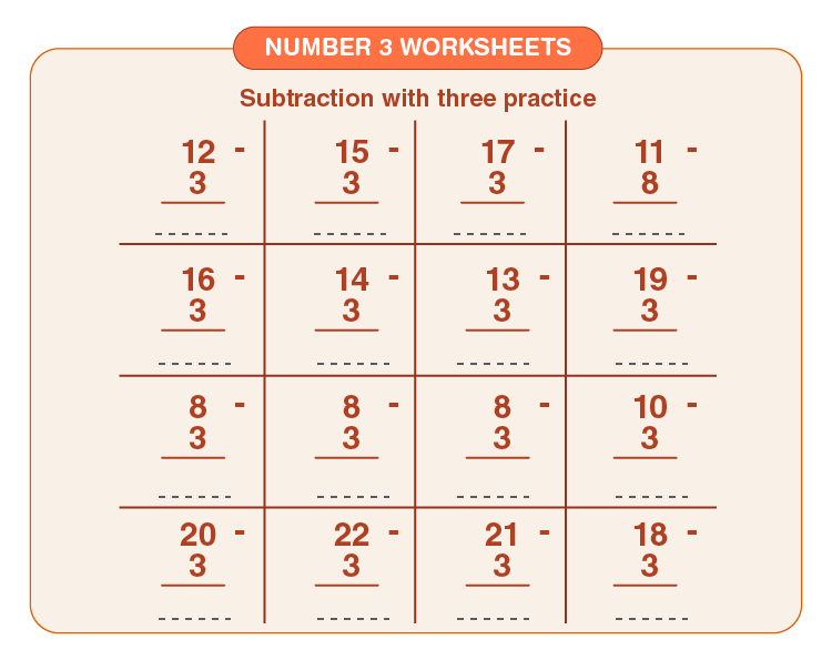 Number 3 Subtraction Worksheet