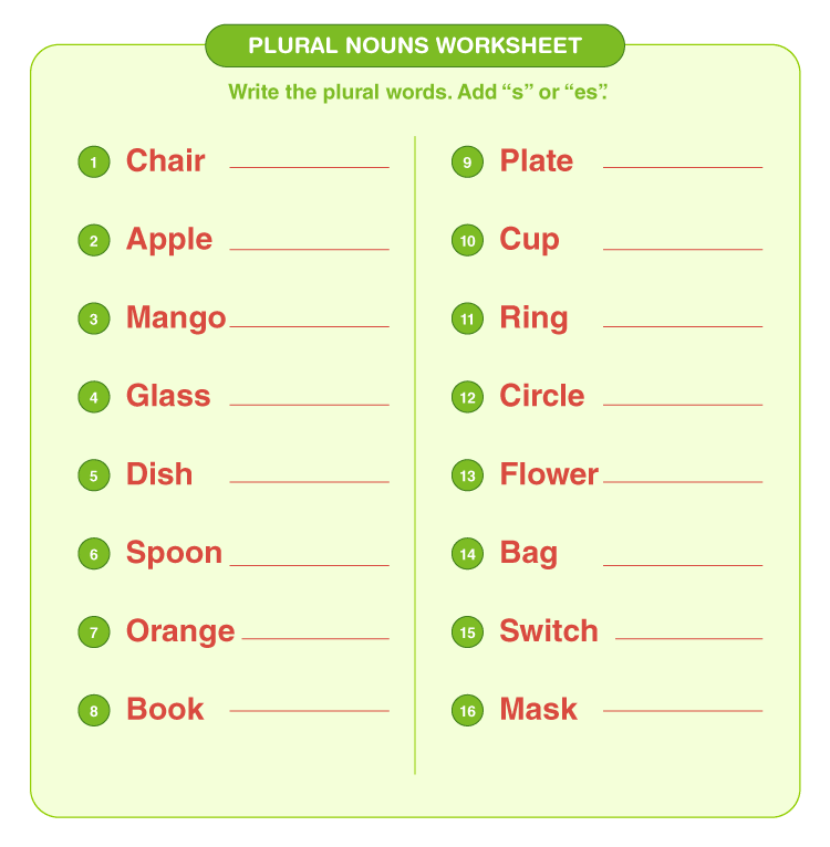 Write the plurals words on the worksheet: Plural nouns worksheet for kids