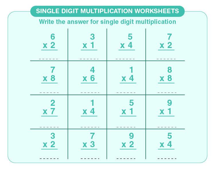Solve the single digit multiplication problems: Free single digit multiplication worksheets