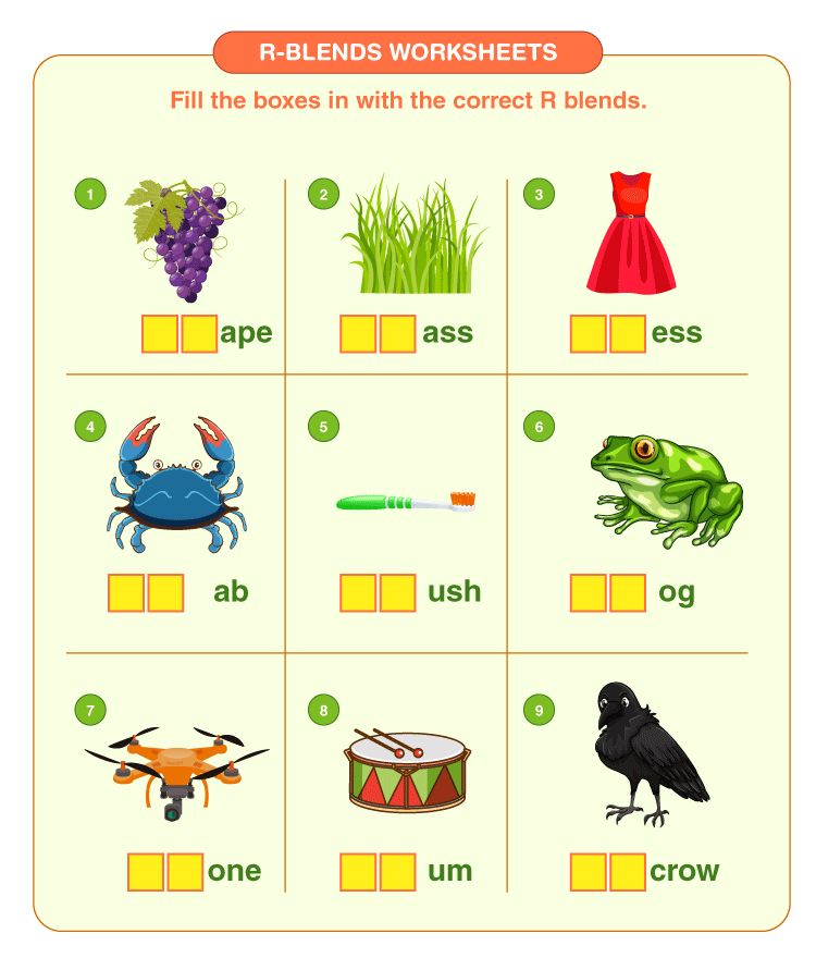 Fill the boxes with R blends:  Words with R blends worksheets for kids 