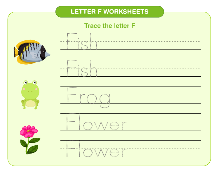 Practice writing fish, frog and flower on the worksheet: Letter F worksheets for preschool