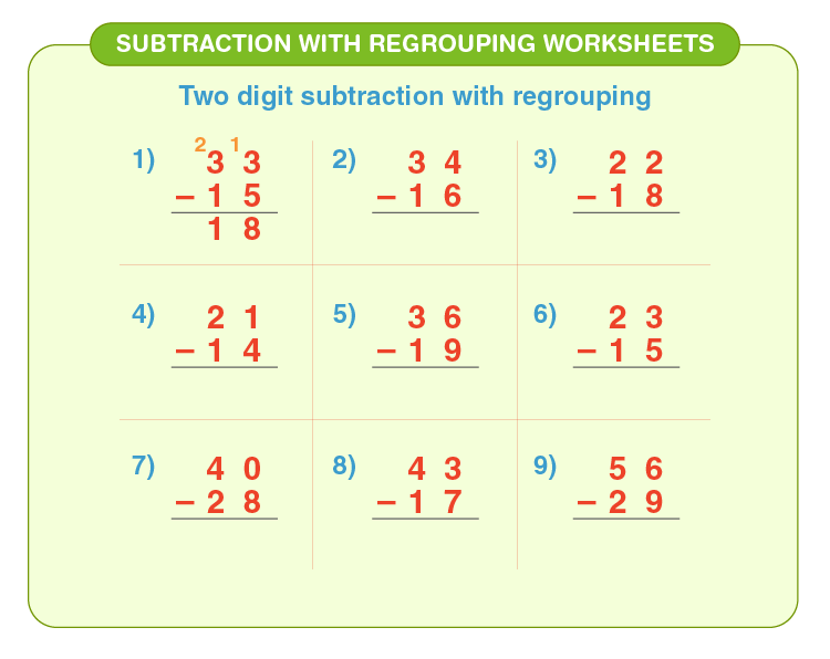 Subtract the numbers by regrouping: Printable subtraction with regrouping worksheets