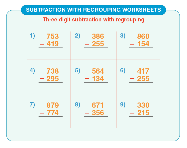 Subtract 3 digit numbers: 3 digit subtraction with regrouping worksheets for kids