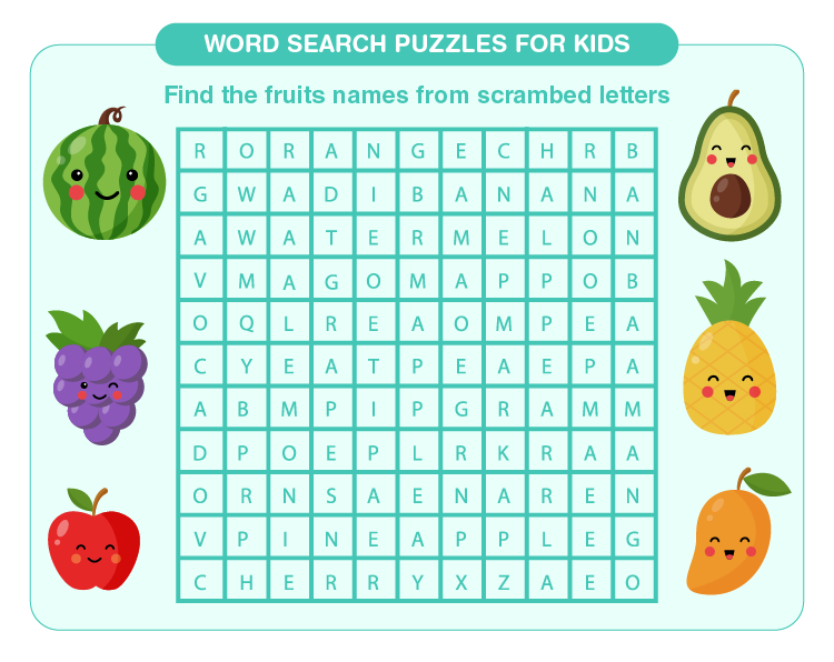 Find the names of the fruits: Printable word search puzzles for kids