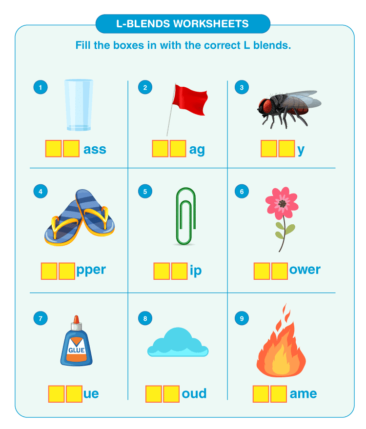 Fill the boxes with correct L blends: Words with L blend worksheets 