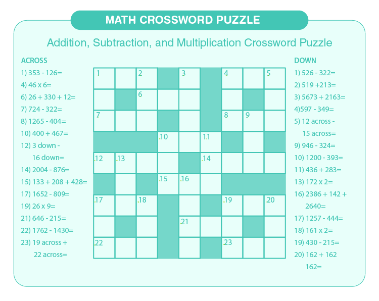 Puzzle on addition, subtraction and multiplication:  Math crossword puzzles