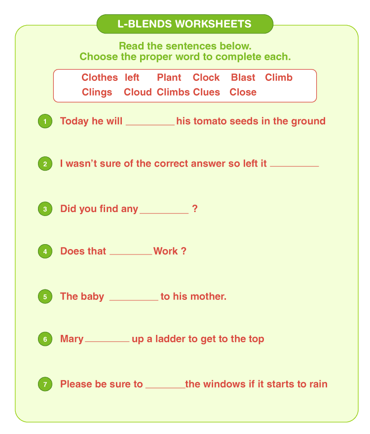 Complete the sentences using L blends: L Blends sentences worksheets 