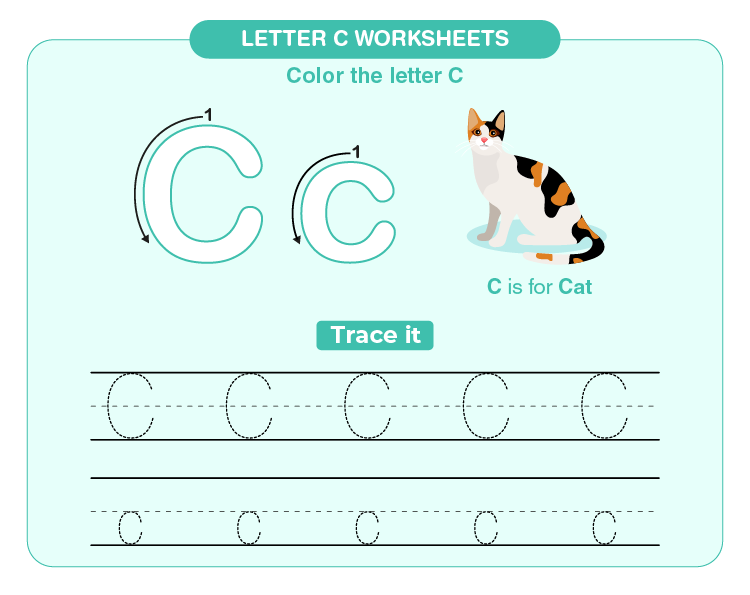 Trace and color the cat: Free printable letter tracing pages for kids 