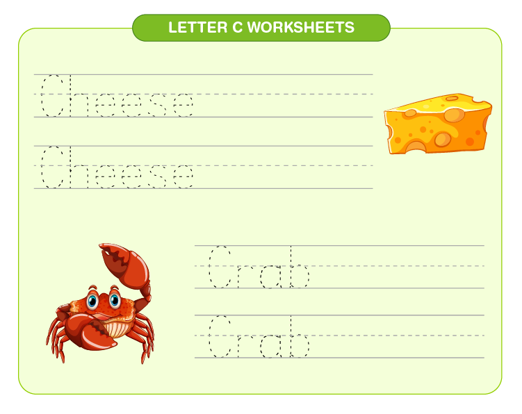 Practice writing cheese and crab on the worksheet: Free printable letter C worksheets for kids