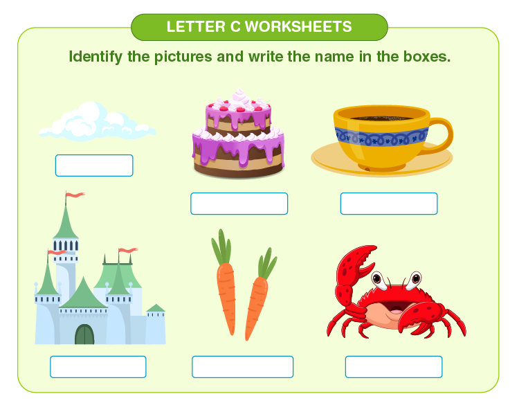 Identify and write the names of the items on the worksheet: Printable letter C worksheets for kids