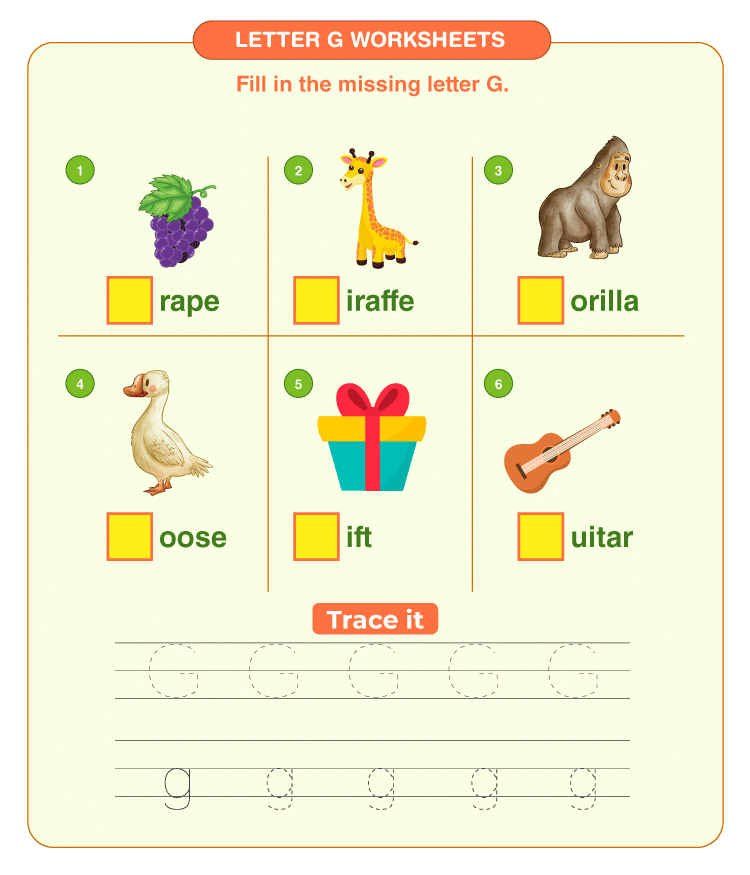 Fill the missing letter G on the worksheet: Letter G worksheets for kids 