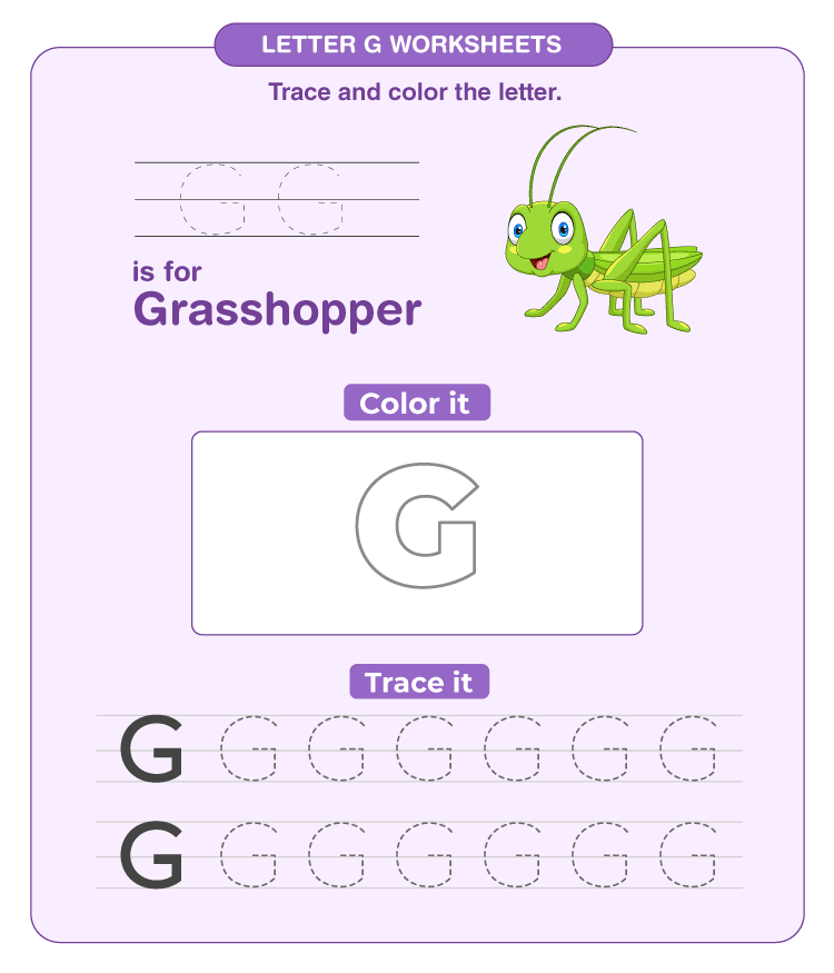 Practice writing and coloring letter G on the worksheet: Free printable letter G worksheets for kids 