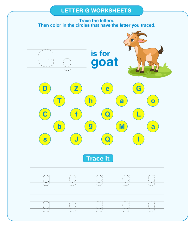 Trace the letter G on the worksheet: Letter G tracing worksheets for kids 