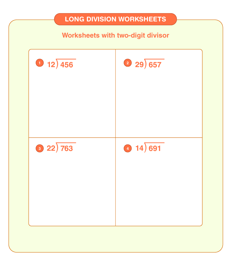 Divide with two digit numbers: Long division printable worksheets