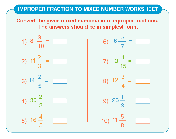 Improper fraction to mixed number worksheet