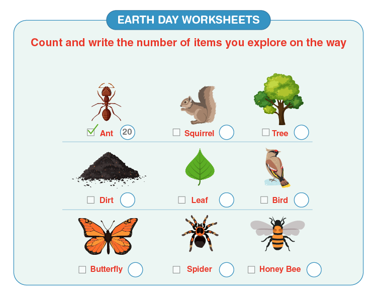 Write the number of items explored on the way:  Free earth day worksheets 