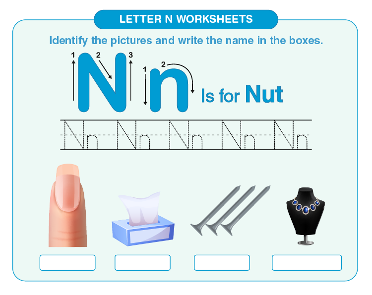 Identify and write the names on the worksheet: Find the letter N worksheets for kids 