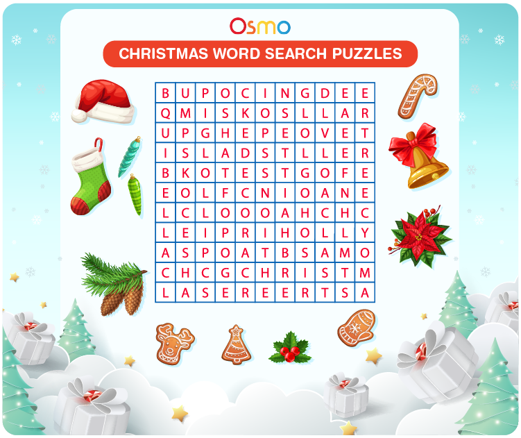 Christmas-themed word search puzzle on Christmas decorations