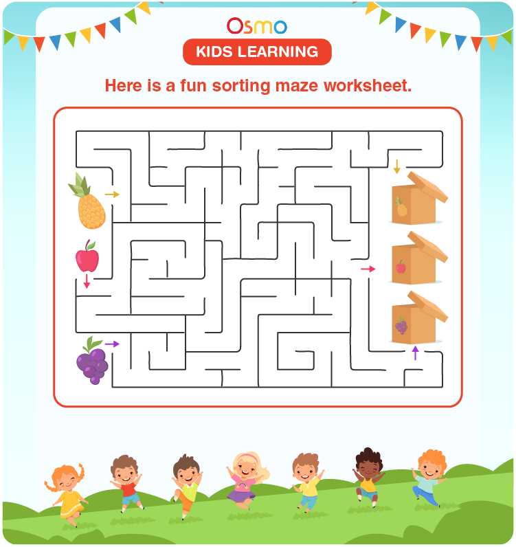 Sorting maze worksheet for kids learning 